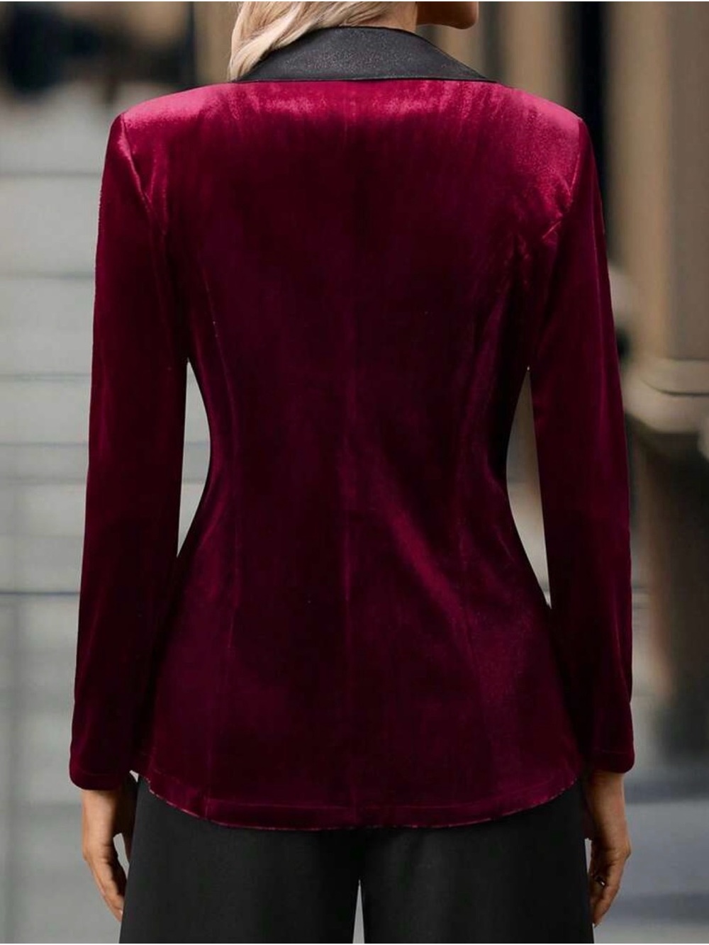 Women's Burgundy Velvet Single-Button Blazer with Black Satin Lapel - Picture 3 of 7